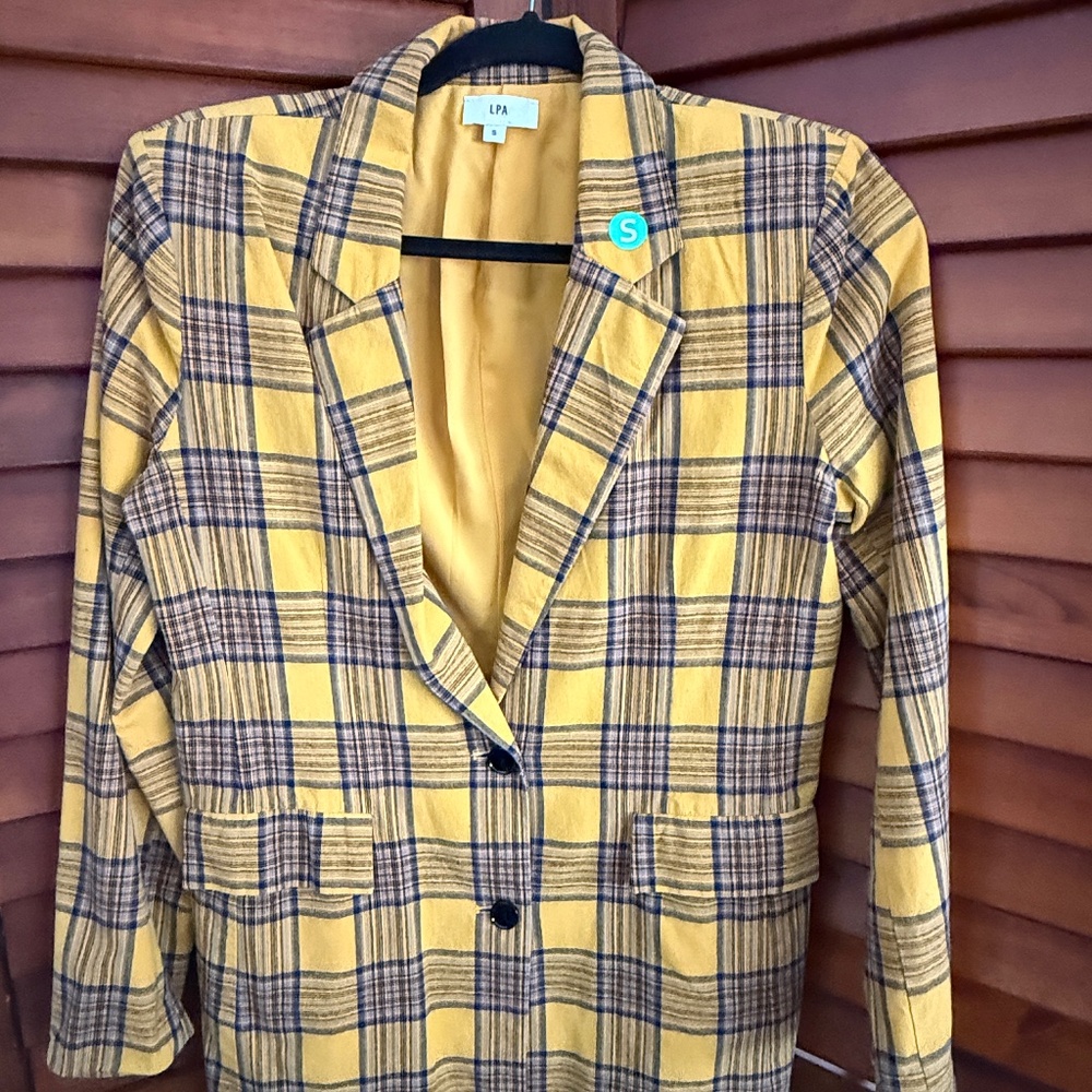 LPA REVOLVE Yellow Mustard Plaid Boxy Blazer Womens Size S Clueless